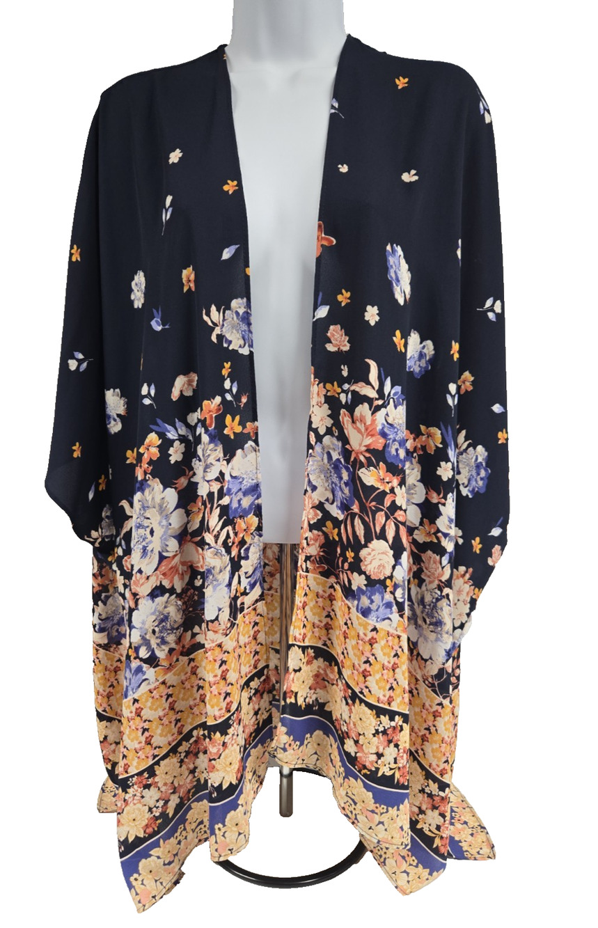 Maurices Womens Floral Kimono Open Front Navy Blue One Size Boho Short Sleeve